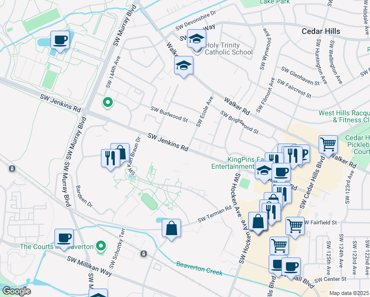 map of restaurants, bars, coffee shops, grocery stores, and more near Southwest Jenkins Road in Beaverton