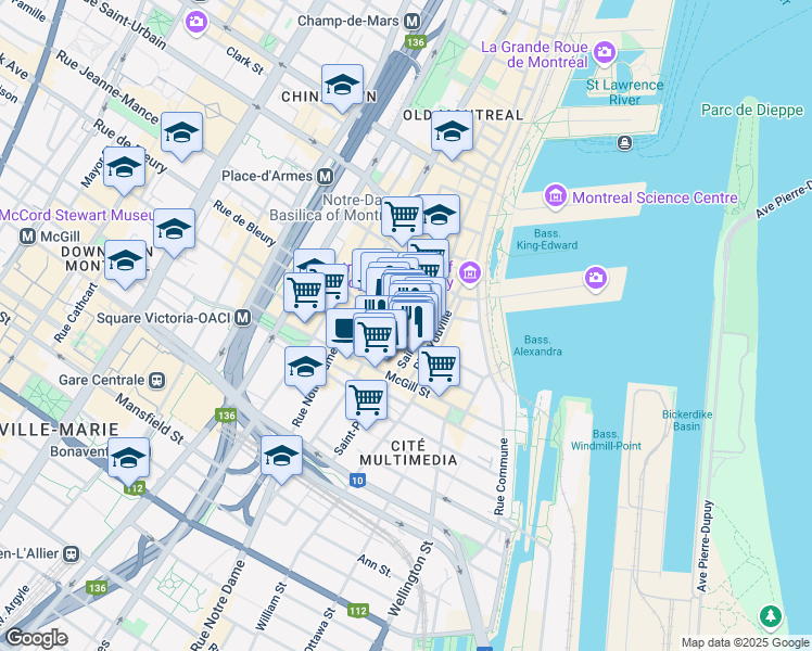 map of restaurants, bars, coffee shops, grocery stores, and more near in Montreal