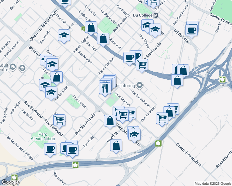 map of restaurants, bars, coffee shops, grocery stores, and more near 385 Rue Gratton in Montréal
