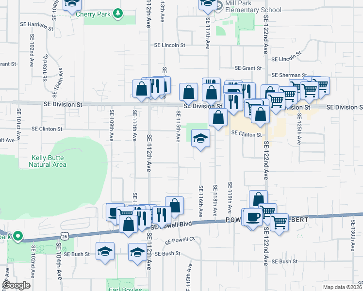 map of restaurants, bars, coffee shops, grocery stores, and more near 2824 Southeast 115th Avenue in Portland