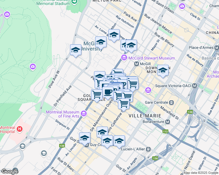 map of restaurants, bars, coffee shops, grocery stores, and more near 2045 Rue Peel in Montréal