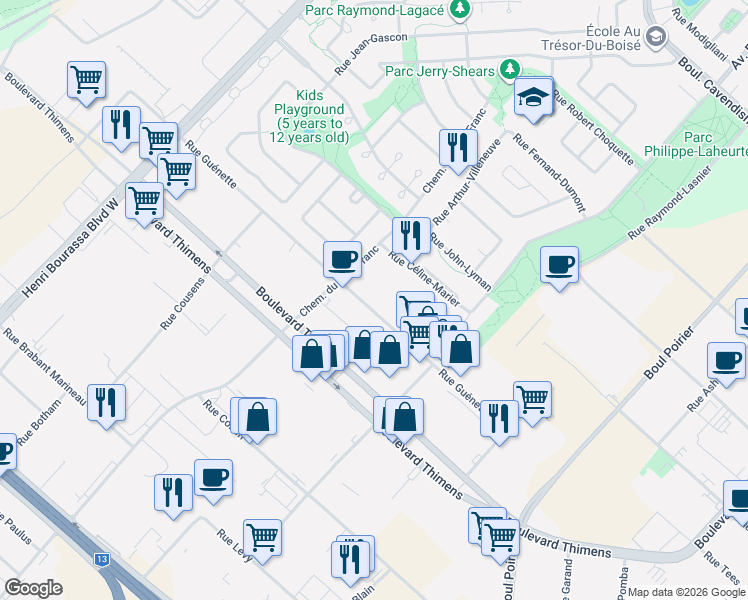 map of restaurants, bars, coffee shops, grocery stores, and more near 4002 Chemin du Bois-Franc in Montréal
