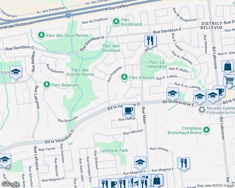 map of restaurants, bars, coffee shops, grocery stores, and more near 16 Rue Beauvais in Gatineau