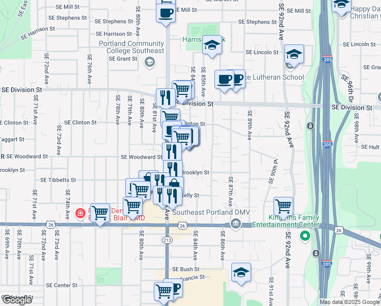 map of restaurants, bars, coffee shops, grocery stores, and more near 8329 Southeast Brooklyn Street in Portland