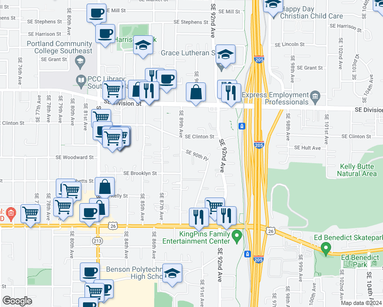 map of restaurants, bars, coffee shops, grocery stores, and more near 2819-2835 Southeast 90th Place in Portland