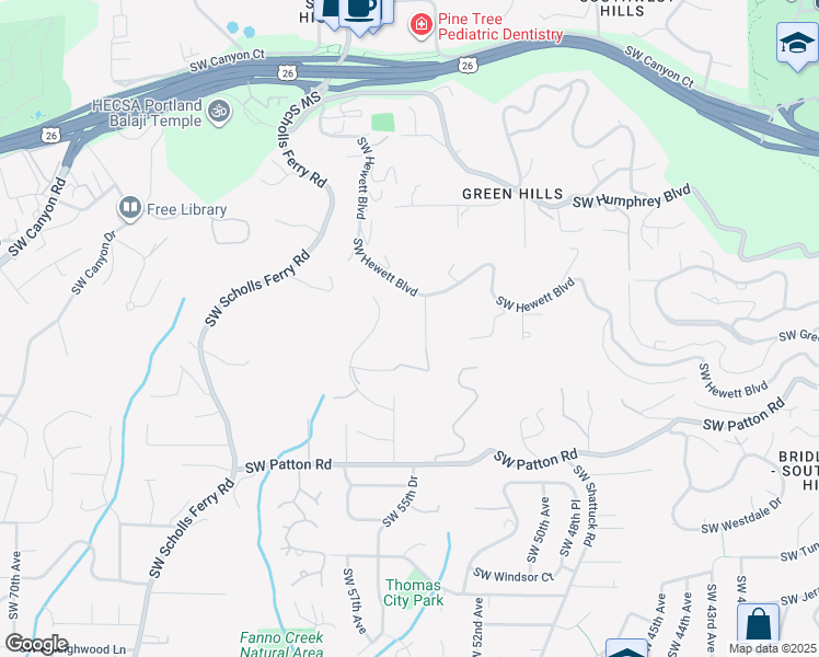 map of restaurants, bars, coffee shops, grocery stores, and more near 5400 Southwest Hewett Boulevard in Portland