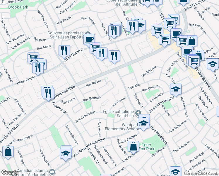 map of restaurants, bars, coffee shops, grocery stores, and more near 12415 Rue Bedford in Montréal