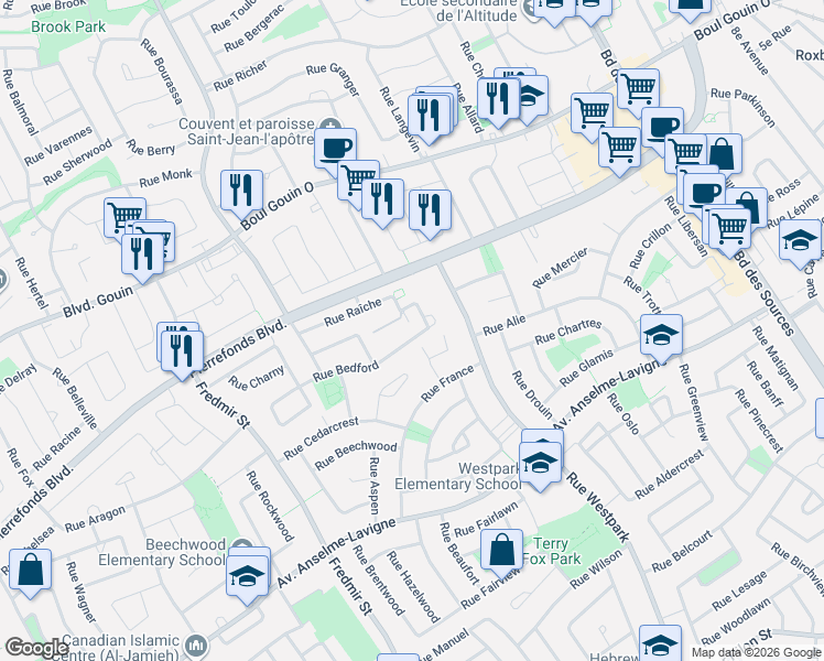 map of restaurants, bars, coffee shops, grocery stores, and more near 12415 Rue Bedford in Montréal