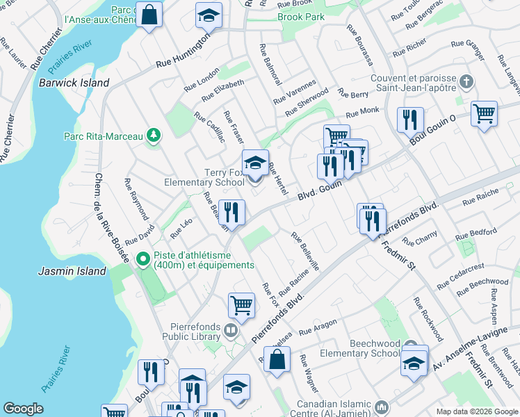 map of restaurants, bars, coffee shops, grocery stores, and more near 13359 Boulevard Gouin Ouest in Montréal
