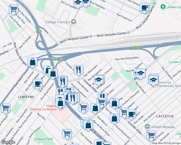 map of restaurants, bars, coffee shops, grocery stores, and more near 1924 Rue Montcalm in Longueuil
