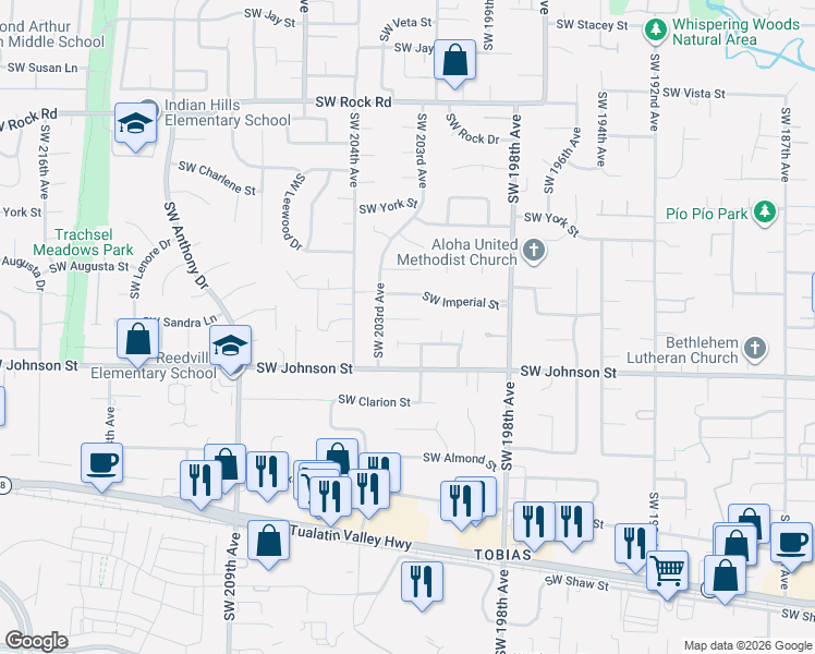 map of restaurants, bars, coffee shops, grocery stores, and more near 20180 Southwest Sandra Court in Beaverton