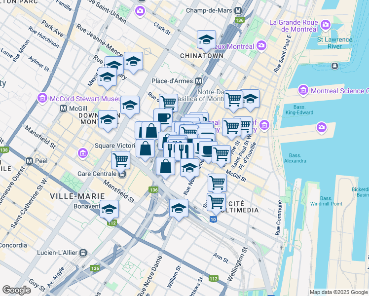 map of restaurants, bars, coffee shops, grocery stores, and more near 739 Rue du Square-Victoria in Montrã©Al