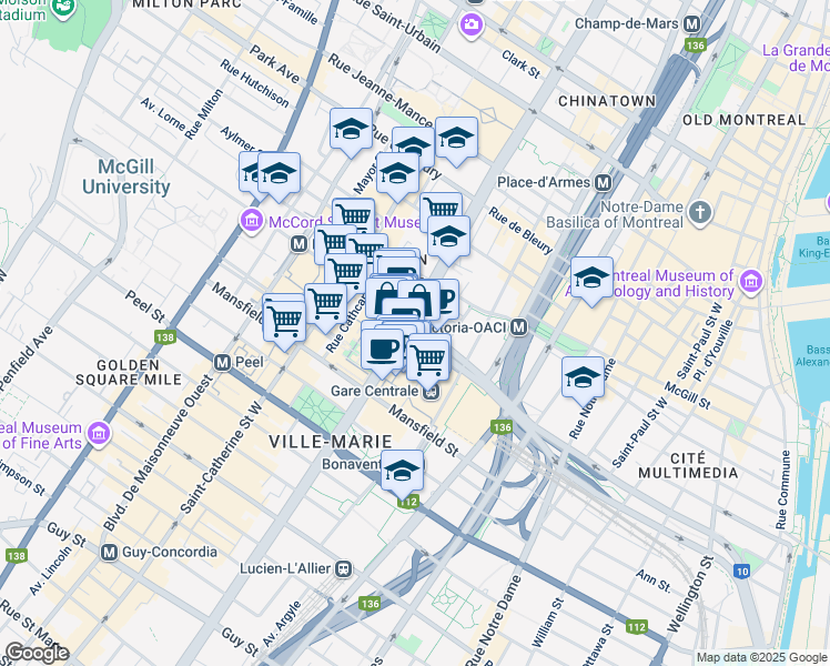 map of restaurants, bars, coffee shops, grocery stores, and more near in Montreal