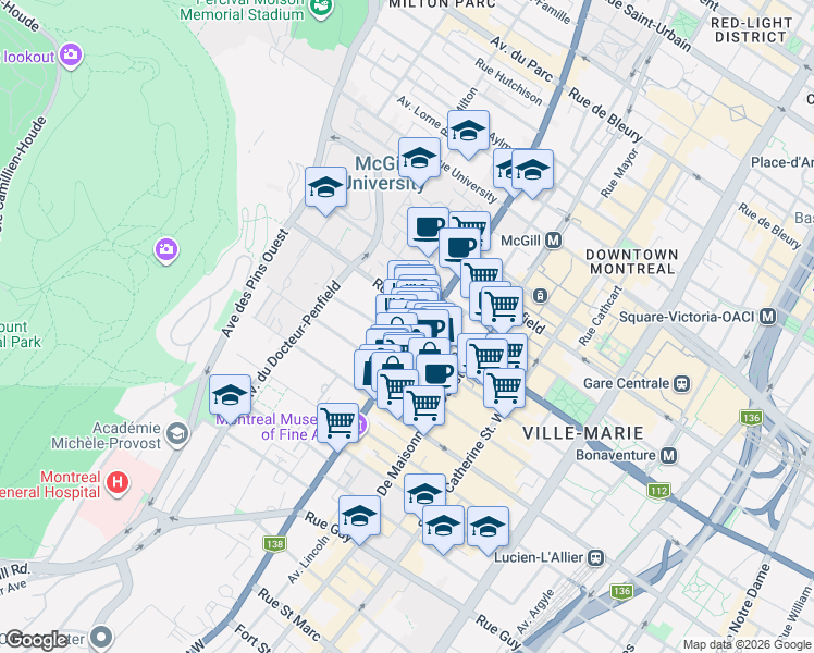 map of restaurants, bars, coffee shops, grocery stores, and more near 3410 Rue Peel in Montreal