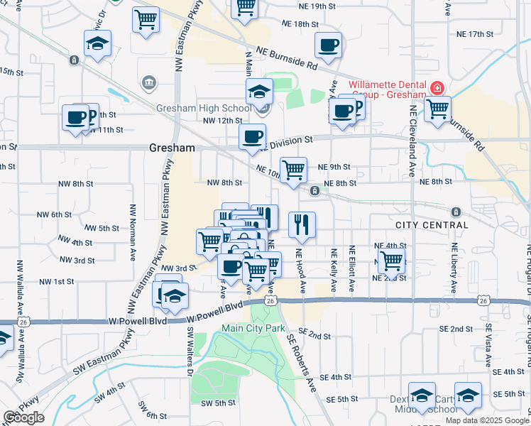 map of restaurants, bars, coffee shops, grocery stores, and more near 39 Northeast 4th Street in Gresham