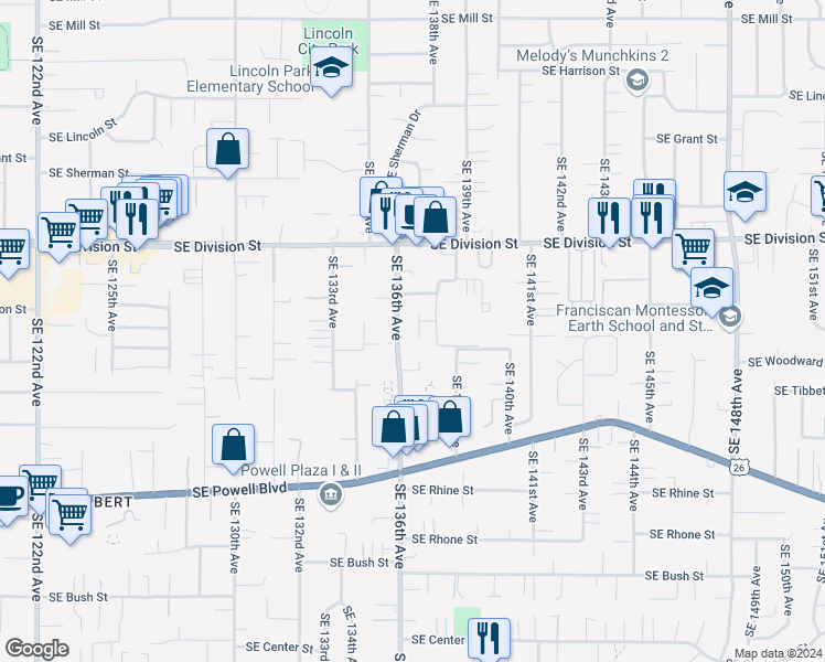 map of restaurants, bars, coffee shops, grocery stores, and more near 2922 Southeast 136th Avenue in Portland