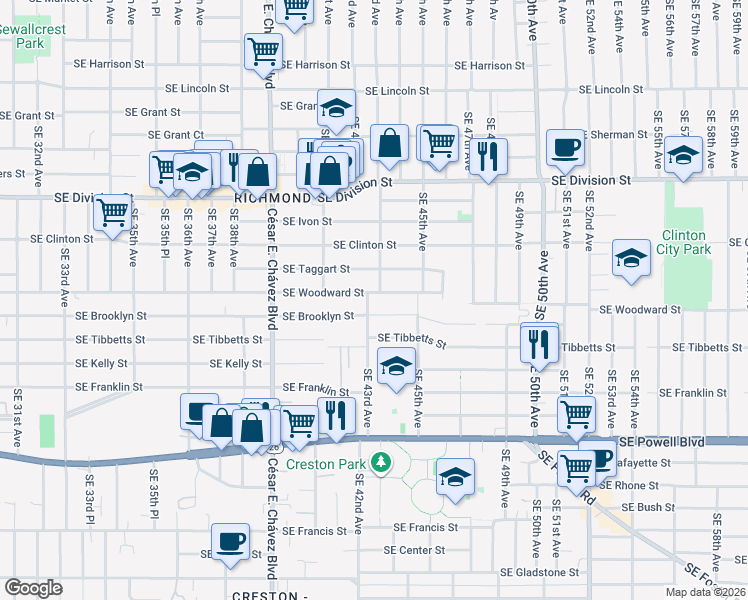 map of restaurants, bars, coffee shops, grocery stores, and more near 4160 Southeast Brooklyn Street in Portland