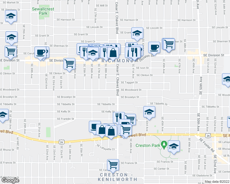 map of restaurants, bars, coffee shops, grocery stores, and more near 3880 Southeast Brooklyn Street in Portland