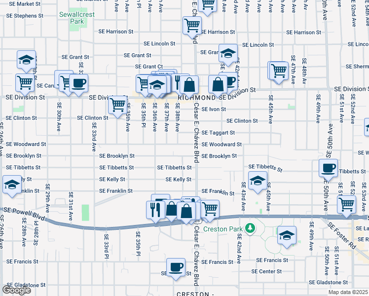 map of restaurants, bars, coffee shops, grocery stores, and more near in Portland