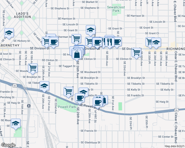 map of restaurants, bars, coffee shops, grocery stores, and more near 2826 Southeast Brooklyn Street in Portland