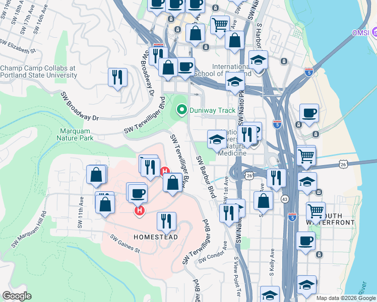 map of restaurants, bars, coffee shops, grocery stores, and more near 3017 Southwest 4th Avenue in Portland