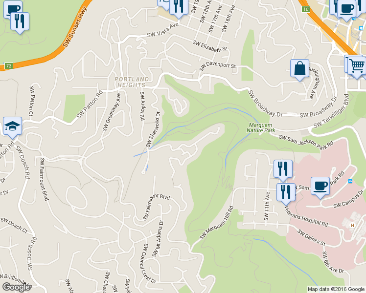 map of restaurants, bars, coffee shops, grocery stores, and more near 3015 Southwest Sherwood Place in Portland