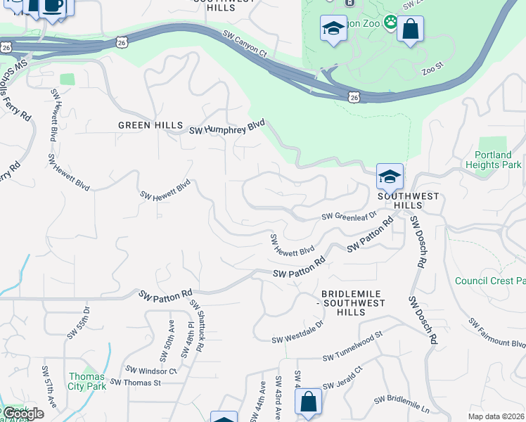 map of restaurants, bars, coffee shops, grocery stores, and more near 4410 Southwest Hewett Boulevard in Portland