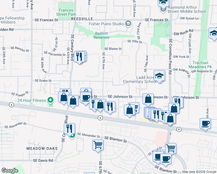 map of restaurants, bars, coffee shops, grocery stores, and more near 6713 Southeast Johnson Street in Hillsboro