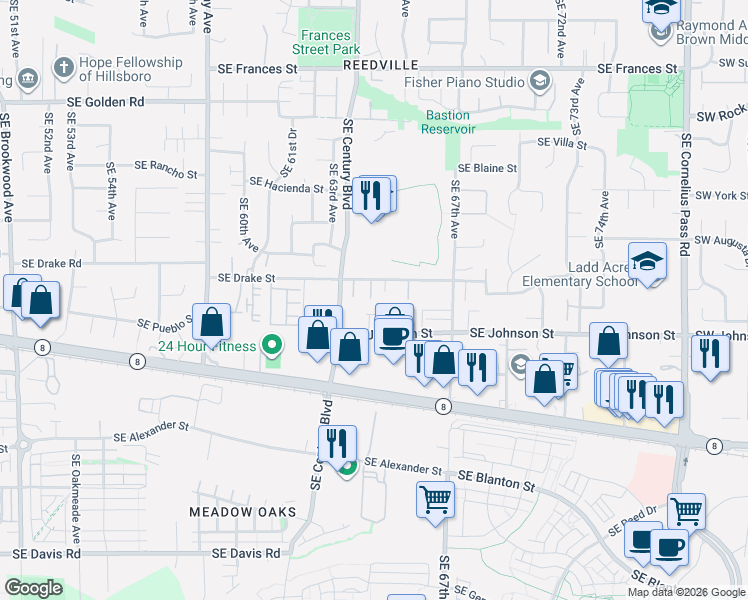 map of restaurants, bars, coffee shops, grocery stores, and more near 6331 Southeast Johnson Street in Hillsboro