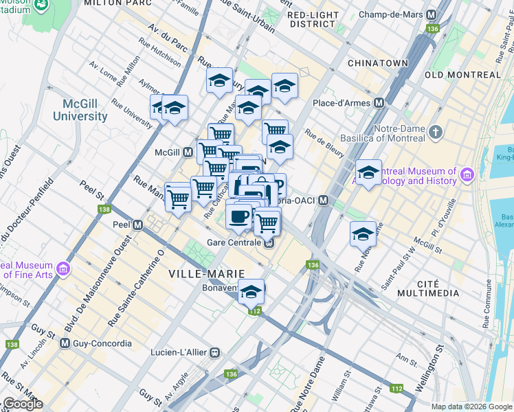 map of restaurants, bars, coffee shops, grocery stores, and more near in Montreal