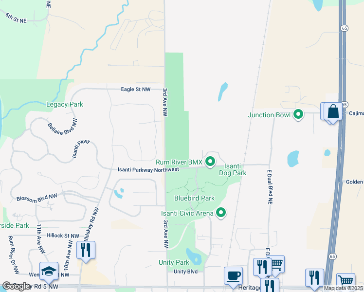 map of restaurants, bars, coffee shops, grocery stores, and more near 751-883 Isanti Parkway Northwest in Isanti