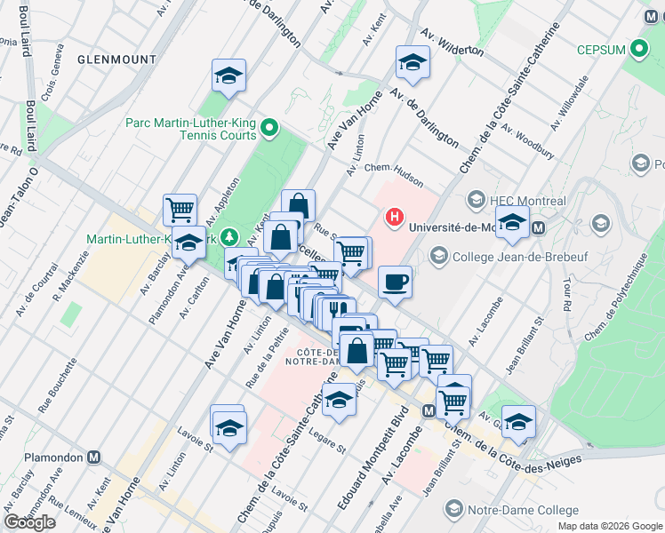map of restaurants, bars, coffee shops, grocery stores, and more near 5850 Avenue Decelles in Montréal