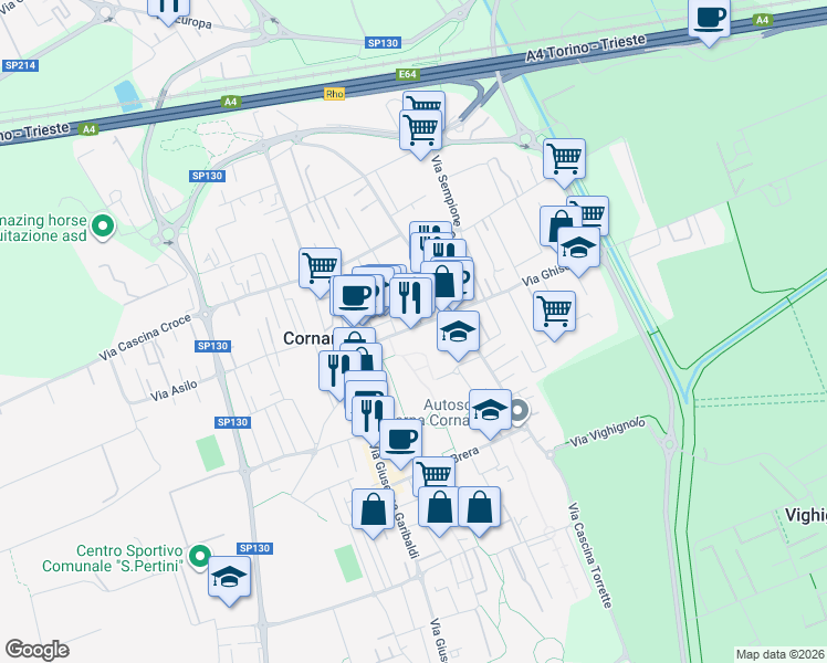 map of restaurants, bars, coffee shops, grocery stores, and more near 62 Piazza Libertà in Cornaredo
