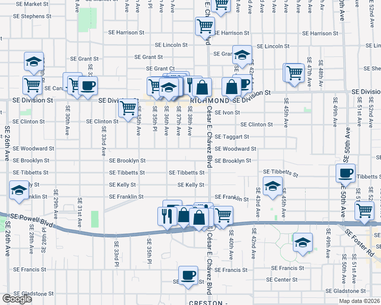 map of restaurants, bars, coffee shops, grocery stores, and more near 3742 Southeast Woodward Street in Portland