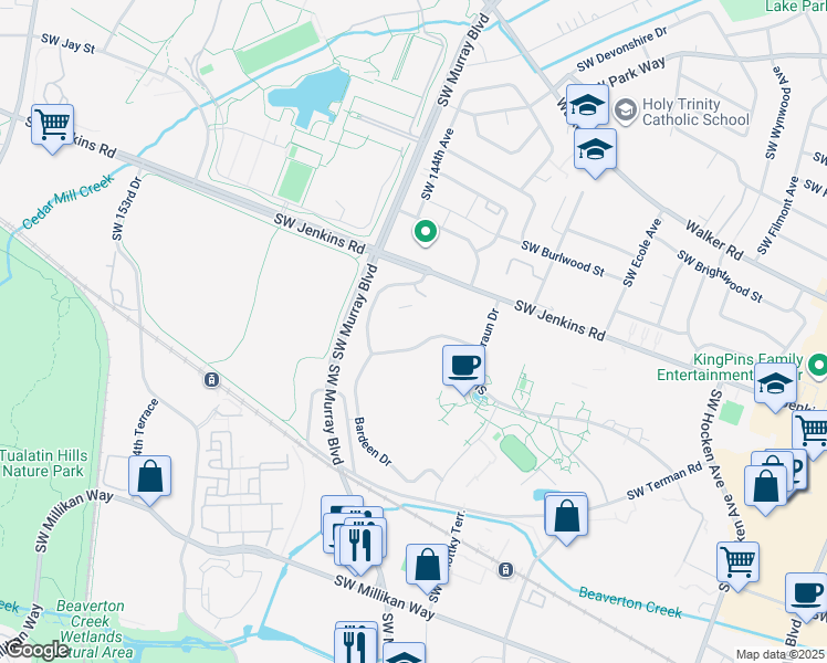 map of restaurants, bars, coffee shops, grocery stores, and more near 14320 Southwest Jenkins Road in Beaverton