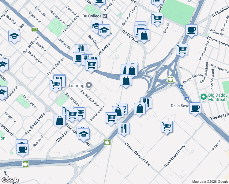 map of restaurants, bars, coffee shops, grocery stores, and more near 1983 Rue Suzanne-Coallier in Montréal