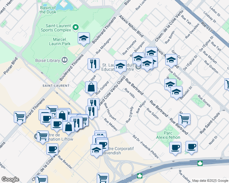 map of restaurants, bars, coffee shops, grocery stores, and more near 2700 Boulevard Cote Vertu Ouest in Montreal
