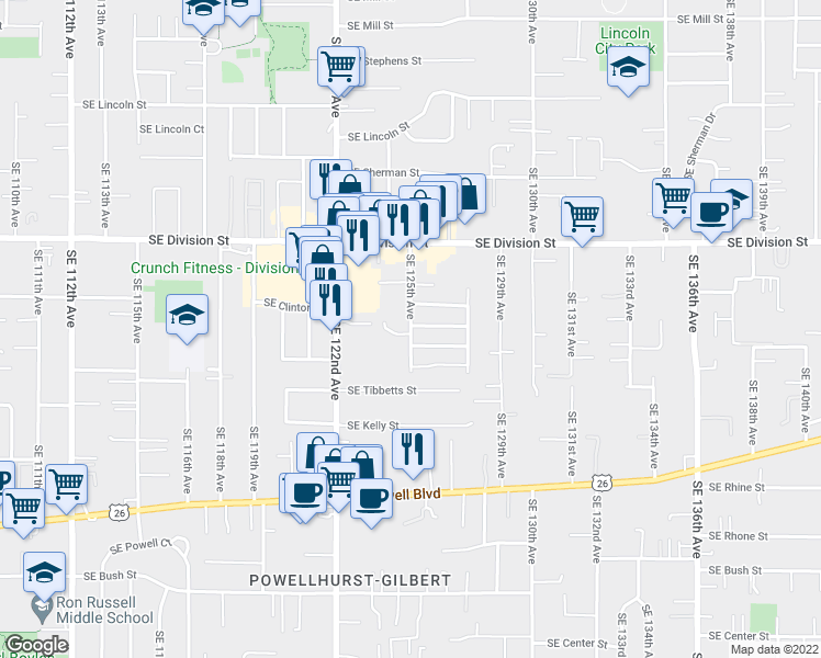map of restaurants, bars, coffee shops, grocery stores, and more near 2841 Southeast 125th Avenue in Portland