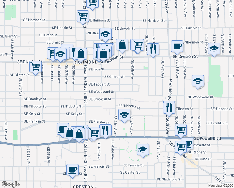 map of restaurants, bars, coffee shops, grocery stores, and more near 4160 Southeast Brooklyn Street in Portland