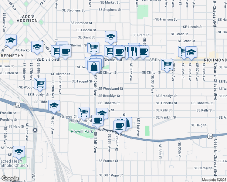 map of restaurants, bars, coffee shops, grocery stores, and more near 2826 Southeast Brooklyn Street in Portland