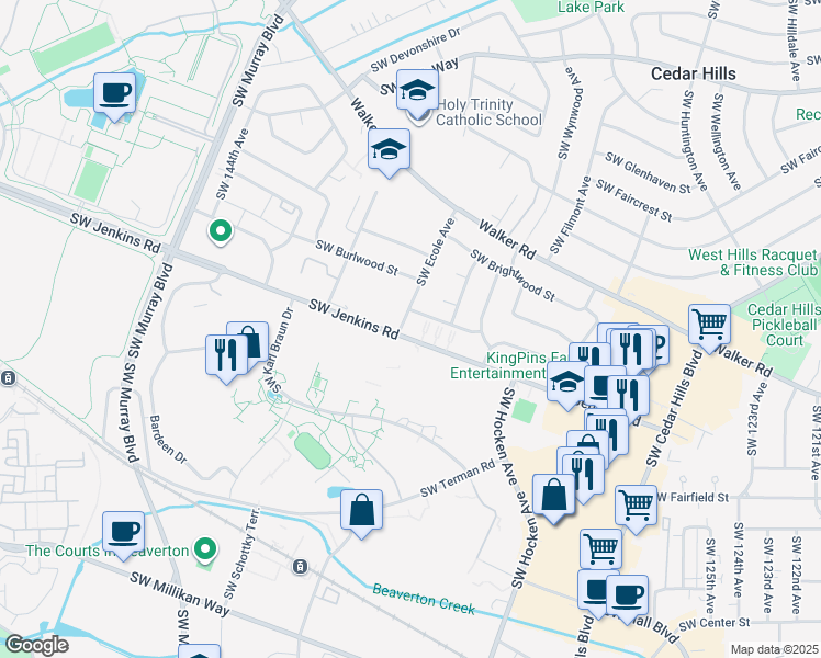 map of restaurants, bars, coffee shops, grocery stores, and more near Southwest Jenkins Road in Beaverton