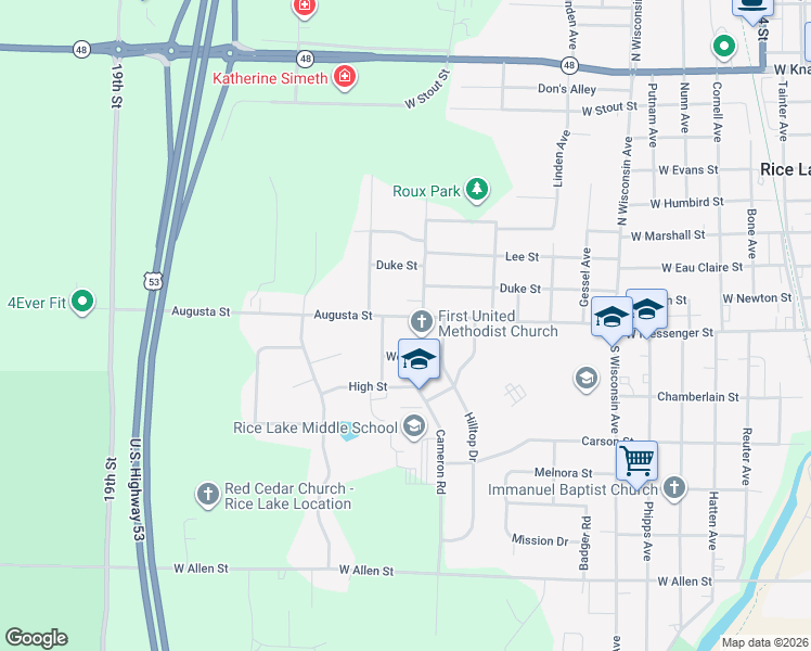 map of restaurants, bars, coffee shops, grocery stores, and more near 1212 Duke Street in Rice Lake