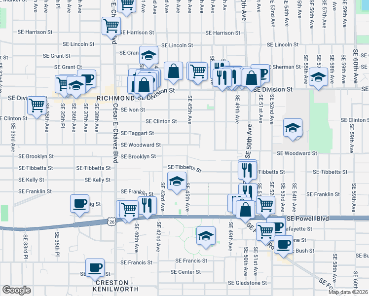 map of restaurants, bars, coffee shops, grocery stores, and more near 4430 Southeast Woodward Street in Portland