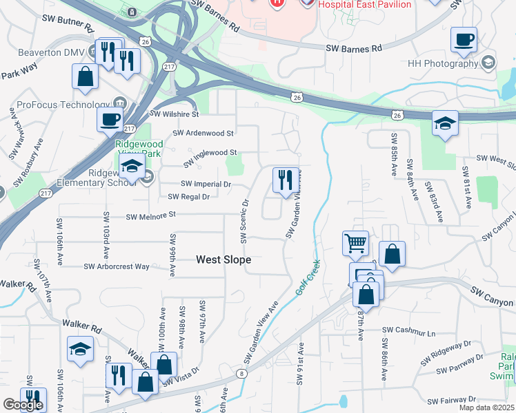 map of restaurants, bars, coffee shops, grocery stores, and more near 2445 Southwest Timberline Drive in Portland