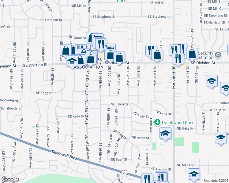 map of restaurants, bars, coffee shops, grocery stores, and more near 16526 Southeast Woodward Street in Portland