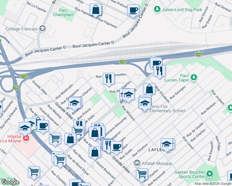 map of restaurants, bars, coffee shops, grocery stores, and more near 1688 Rue des Saphirs in Longueuil