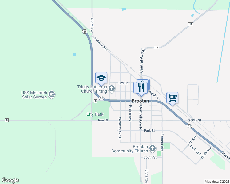 map of restaurants, bars, coffee shops, grocery stores, and more near 250 2nd Street in Brooten