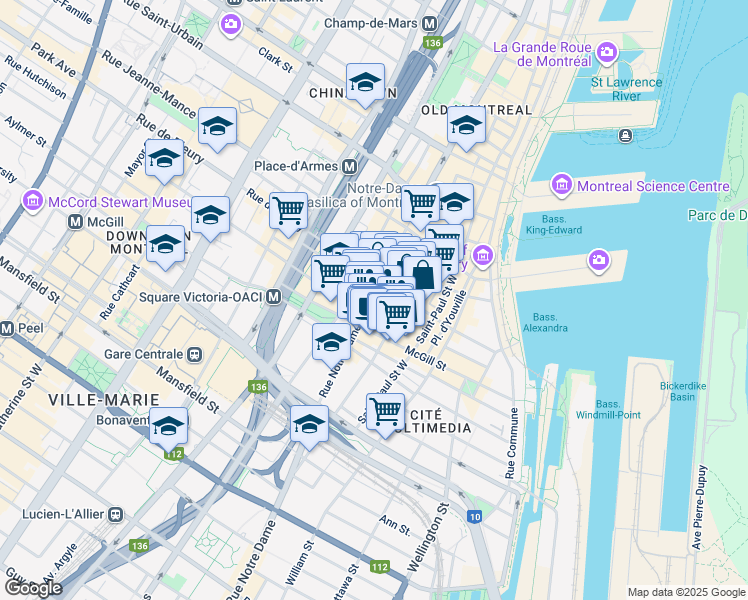 map of restaurants, bars, coffee shops, grocery stores, and more near in Montreal