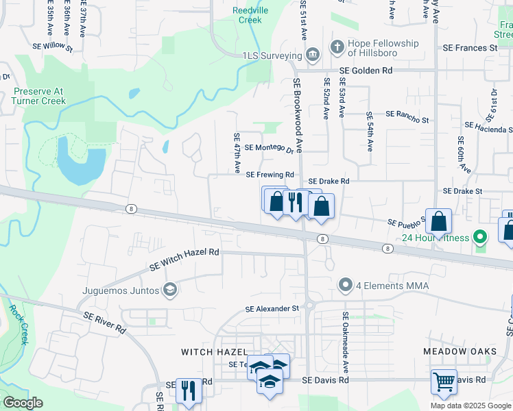 map of restaurants, bars, coffee shops, grocery stores, and more near 2373 Southeast 48th Avenue in Hillsboro