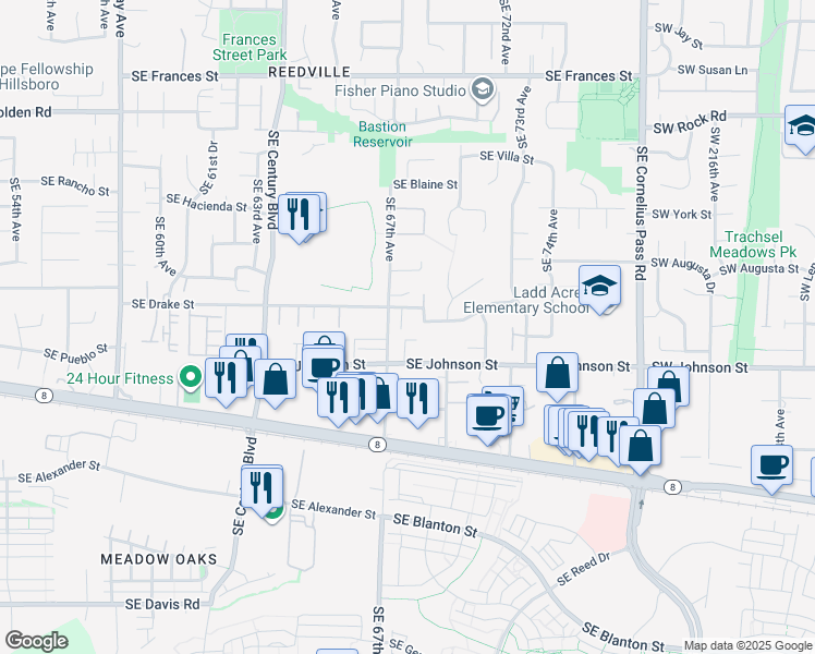 map of restaurants, bars, coffee shops, grocery stores, and more near 6713 Southeast Johnson Street in Hillsboro